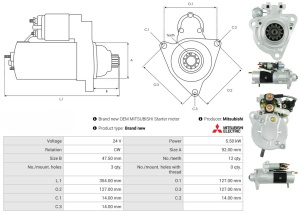 MITSUBISHI STARTTI -UUSI-, VOLVO FH/FM, B12 , 5,5KW 12-HAMP. MAA 4