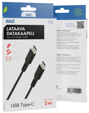 WAVE 60W DATAKAAPELI, USB TYPE-C -> USB TYPE-C (480 MBPS), 2M, M