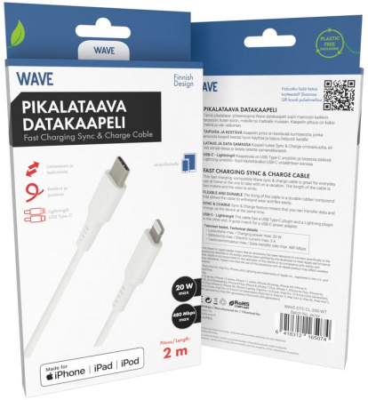 WAVE DATAKAAPELI, USB TYPE-C -> APPLE LIGHTNING, 2M, VALKOINEN