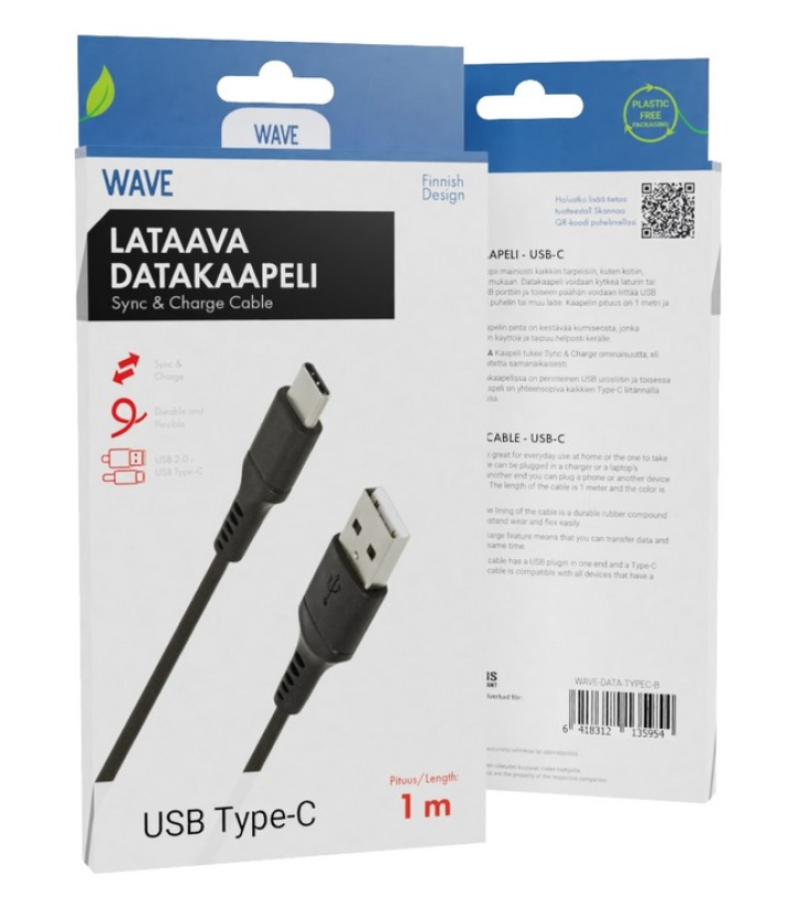 WAVE DATAKAAPELI, TYPE-C, 1M, MUSTA WAVE-DATA-TYPEC-B