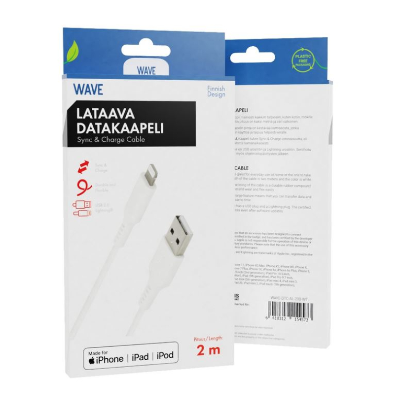 WAVE DATAKAAPELI, APPLE LIGHTNING (MFI), 2M, VALKOINEN WAVE-DTC-AL-200-WT