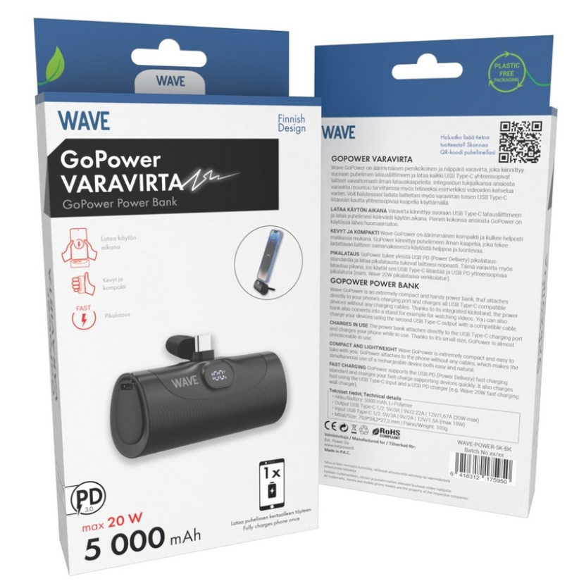 WAVE GOPOWER LISÄVIRTA, 5000MAH, MUSTA WAVE-POWER-5K-BK