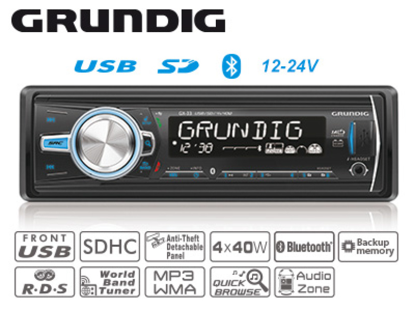 GRUNDIG GX-33 12-24V AUTOSOITIN MUISTILLA USB+BT 2DB9004-GX3324