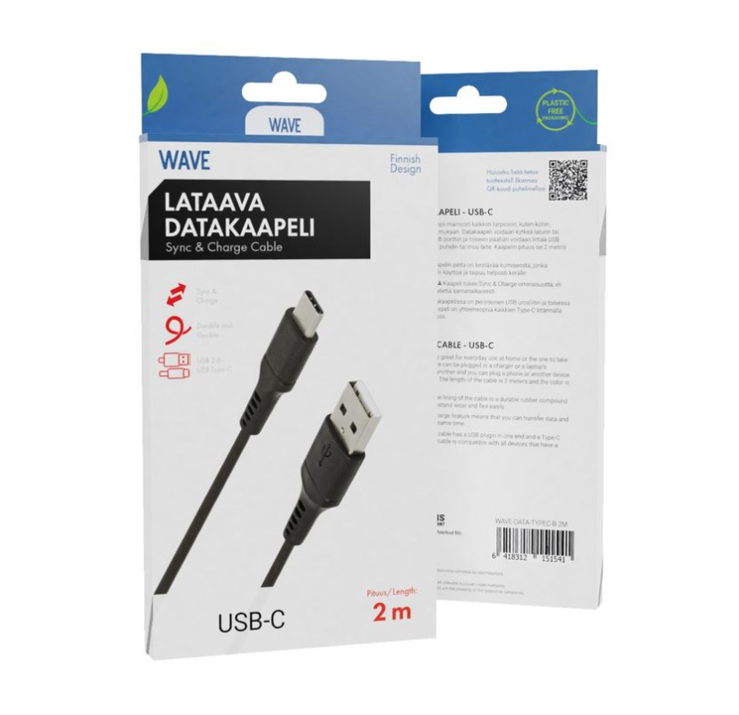 WAVE DATAKAAPELI, TYPE-C, 2M, MUSTA WAVE-DATA-TYPEC-B-2M