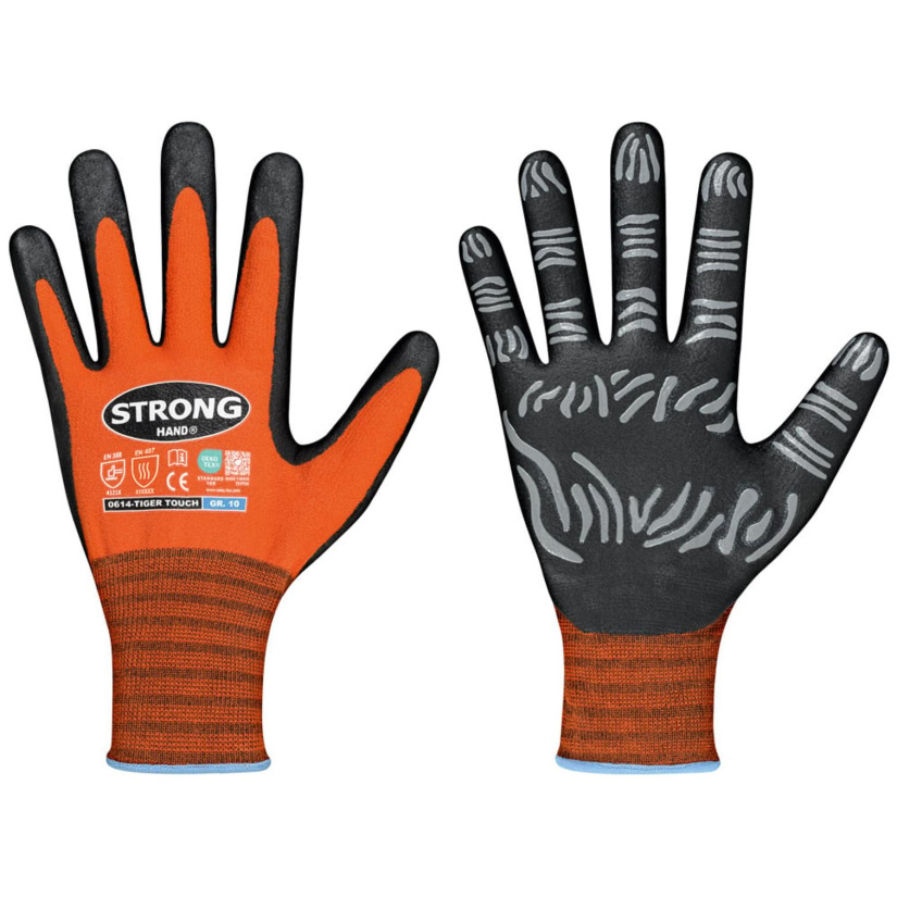 TYÖKÄSINE TIGER TOUCH SPANDEX-NITRILE-FAOM ORANSSI-MUSTA PINNOITETTU KOKO 10 0614-10